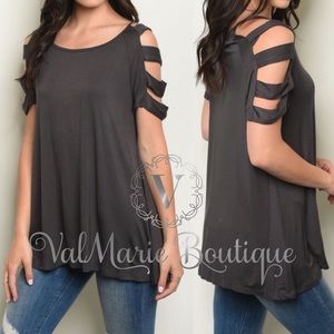 Charcoal caged cut sleeve tunic top